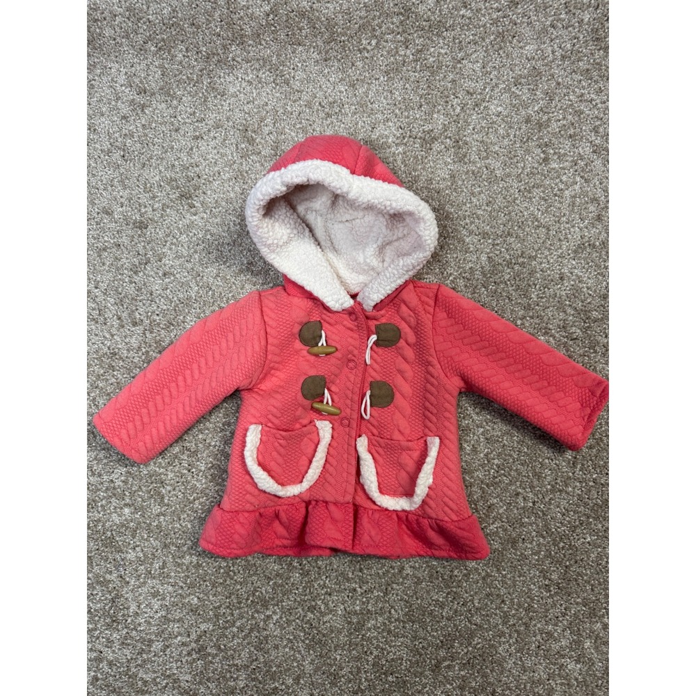 Little Lass Baby Girls Coral Pink Quilted Cable Knit Sherpa Hooded Jacket 3-6M